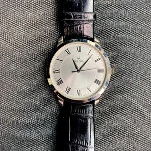 Bulova Men's Leather Starp Analog Silver Dial Quartz Wrist Watch